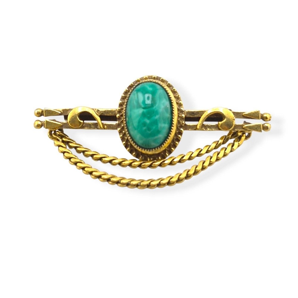 Sandor Co Vintage Victorian Revival Gold Tone Green Slag Glass Swag Bar Brooch